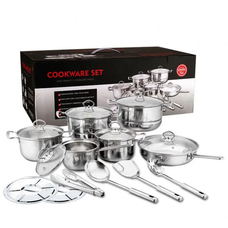 In Stock Eco-Friendly Sustainable 18Pcs Stainless Steel Iron Kitchen Cookware Set Cooking Pots Pans Glass Lid Kitchen