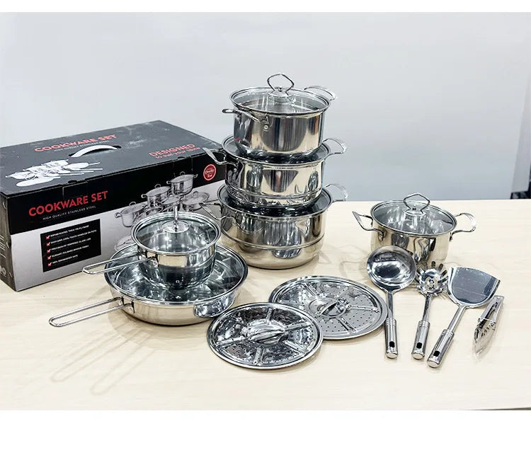 In Stock Eco-Friendly Sustainable 18Pcs Stainless Steel Iron Kitchen Cookware Set Cooking Pots Pans Glass Lid Kitchen