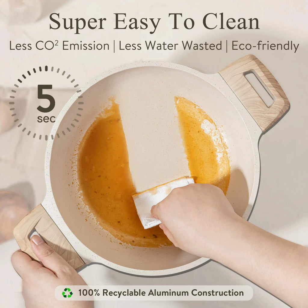 17Pcs Classic Cookware Set Nonstick Cream Induction Wooden Handle Tempered Glass Lids Kitchen Pots Pans Frying Sauce Pans