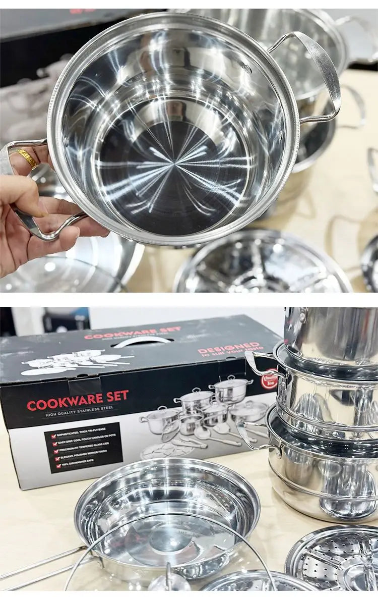 In Stock Eco-Friendly Sustainable 18Pcs Stainless Steel Iron Kitchen Cookware Set Cooking Pots Pans Glass Lid Kitchen