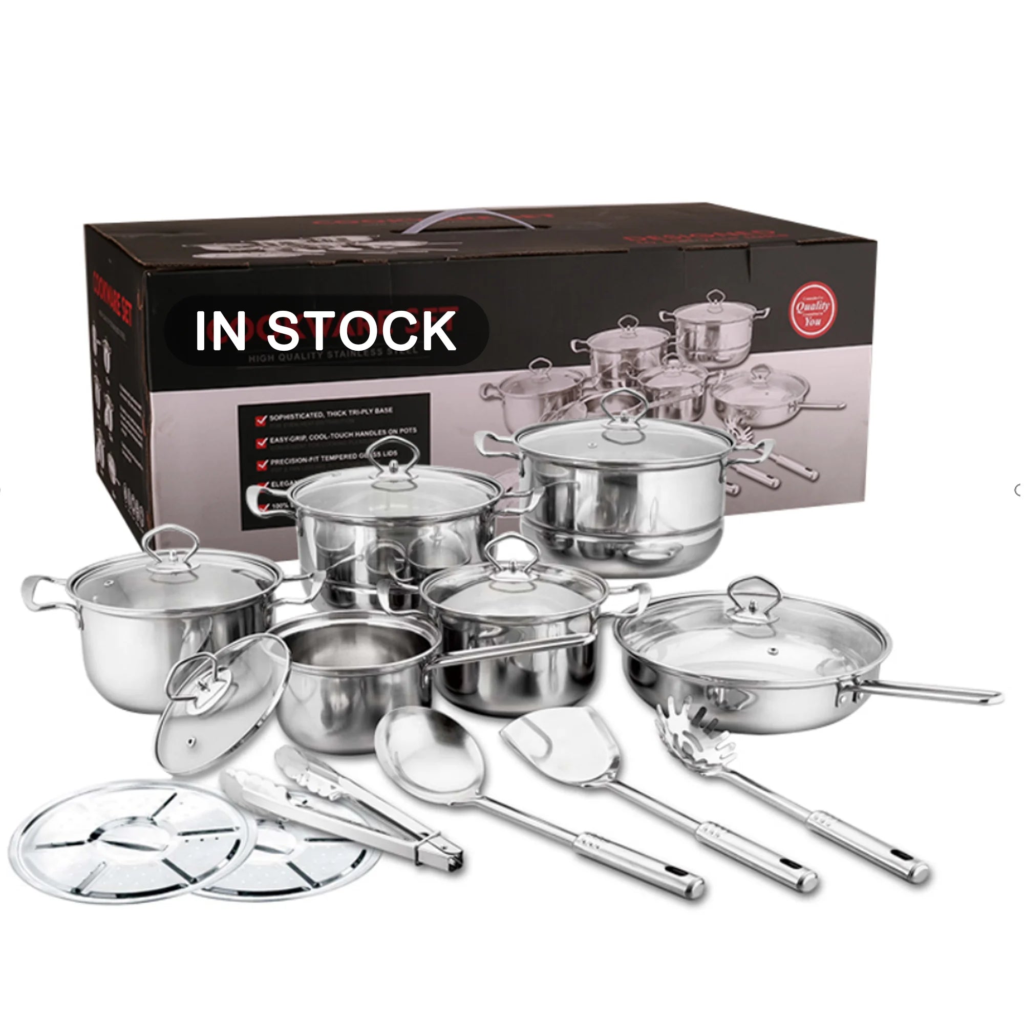 In Stock Eco-Friendly Sustainable 18Pcs Stainless Steel Iron Kitchen Cookware Set Cooking Pots Pans Glass Lid Kitchen