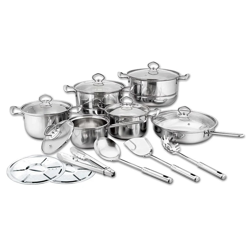 In Stock Eco-Friendly Sustainable 18Pcs Stainless Steel Iron Kitchen Cookware Set Cooking Pots Pans Glass Lid Kitchen