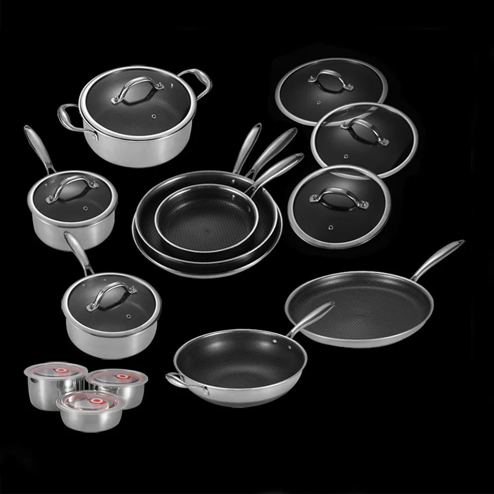 20 Pc Hybrid Cookware Set W/ Lids Stainless Steel Wok Kitchenware 3-ply Hex Stainless Steel Clod Honeycomb Pots Pans Set