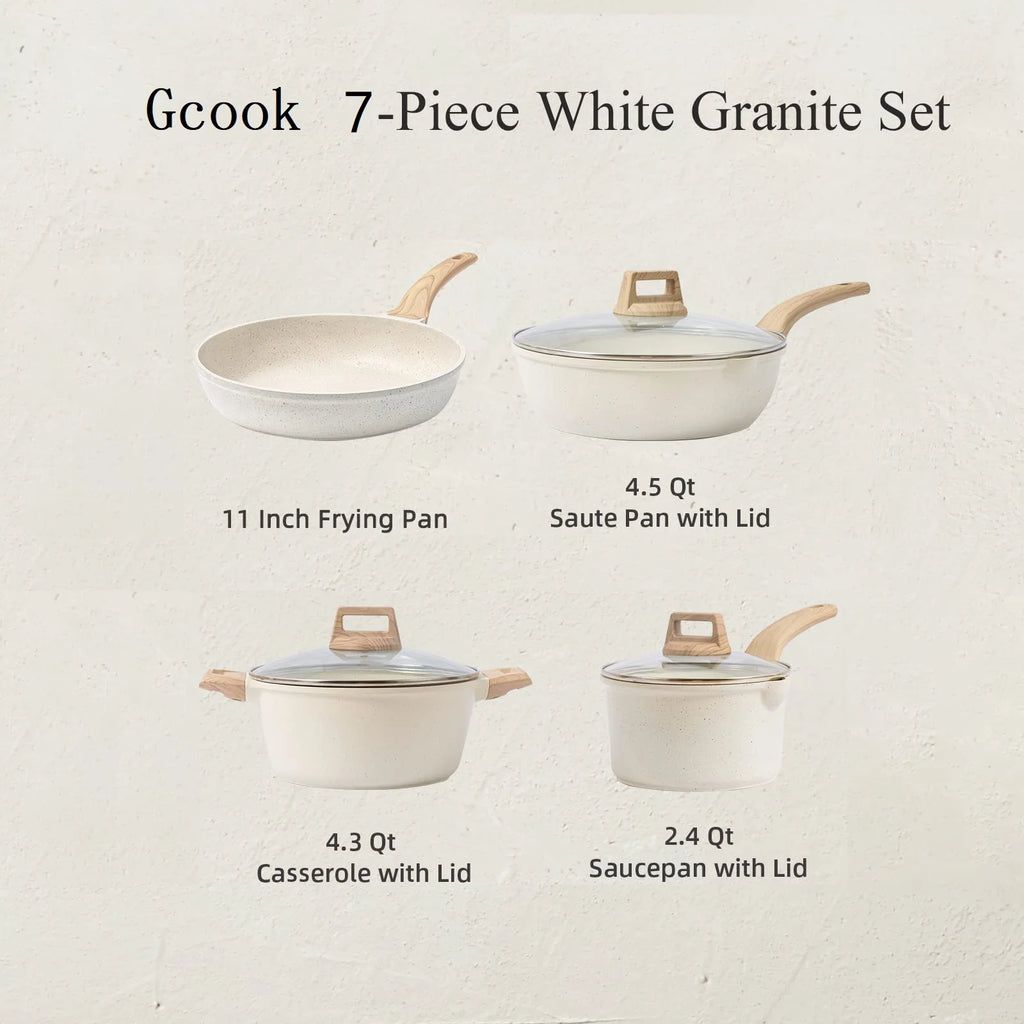 17Pcs Classic Cookware Set Nonstick Cream Induction Wooden Handle Tempered Glass Lids Kitchen Pots Pans Frying Sauce Pans