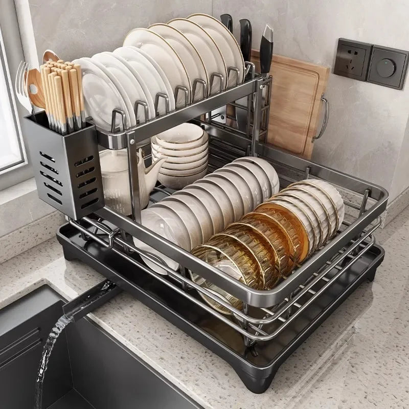 Adjustable Stainless Steel Dish Rack – Over Sink Plate Drainer with Drainboard, 304 Grade