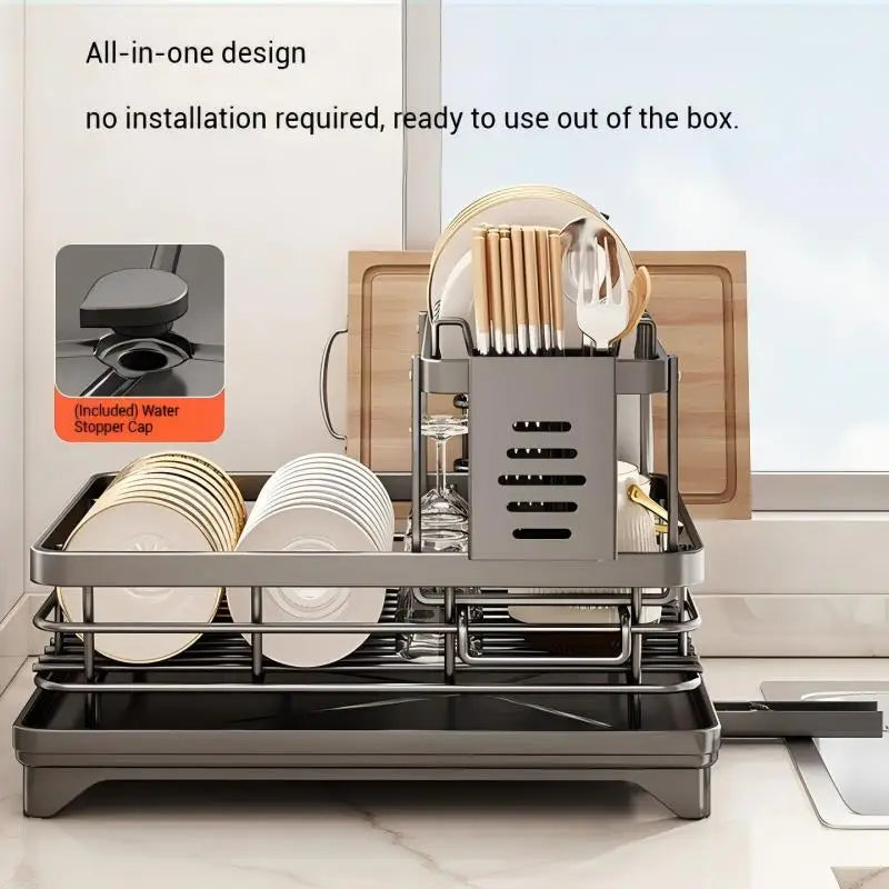 Adjustable Stainless Steel Dish Rack – Over Sink Plate Drainer with Drainboard, 304 Grade