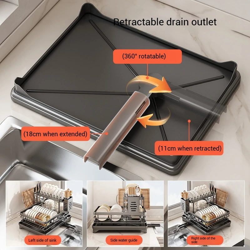 Adjustable Stainless Steel Dish Rack – Over Sink Plate Drainer with Drainboard, 304 Grade