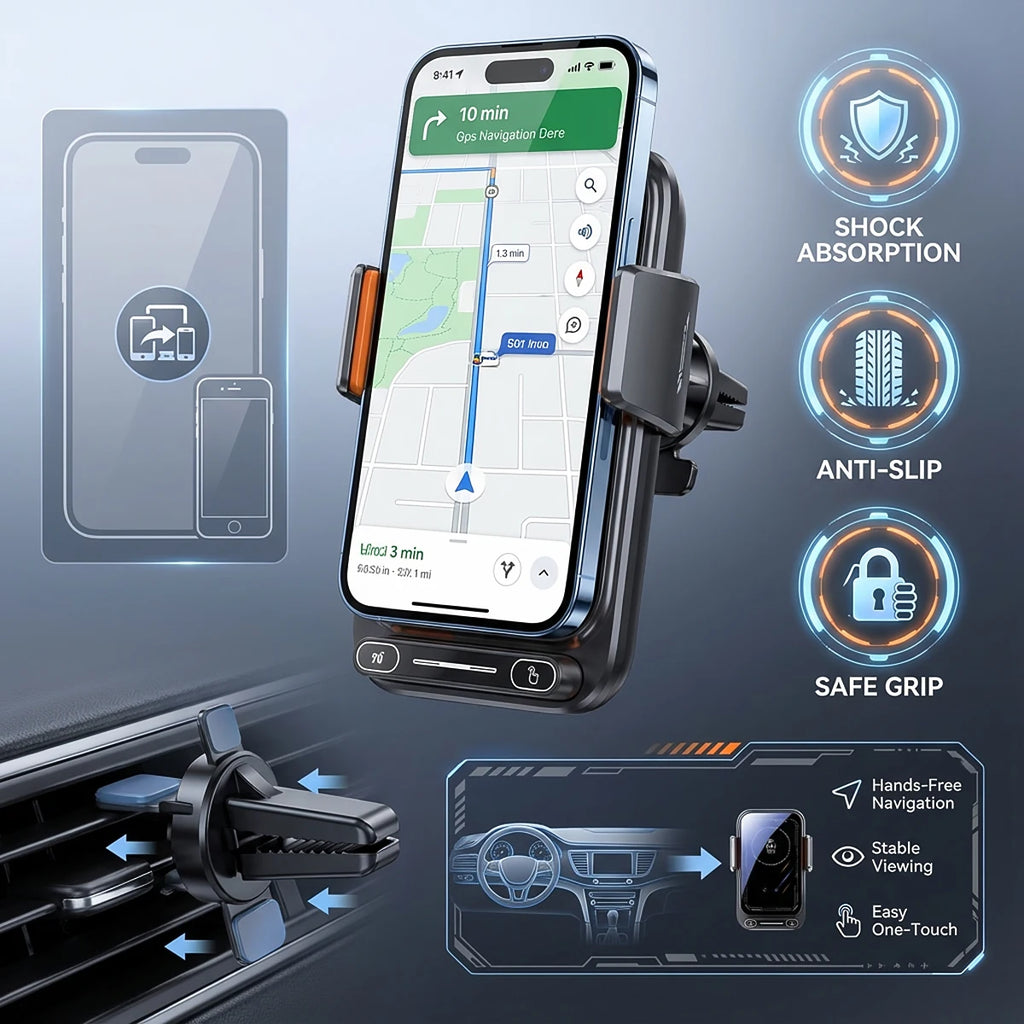 Car Phone Charger Phone Holder 15W Wireless & Wired Charger Auto Sensing One-Touch Release and Rotation Qi FCC ROHS Certified