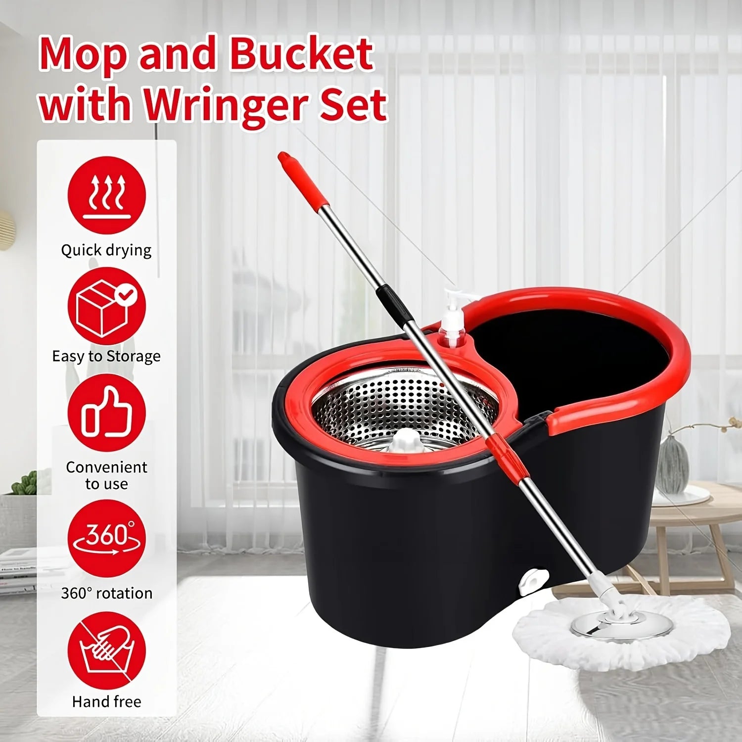 Heavy‑Duty Spin Mop & Bucket System – 360° Rotating Floor Cleaner with Adjustable Handle & 3 Mop Heads